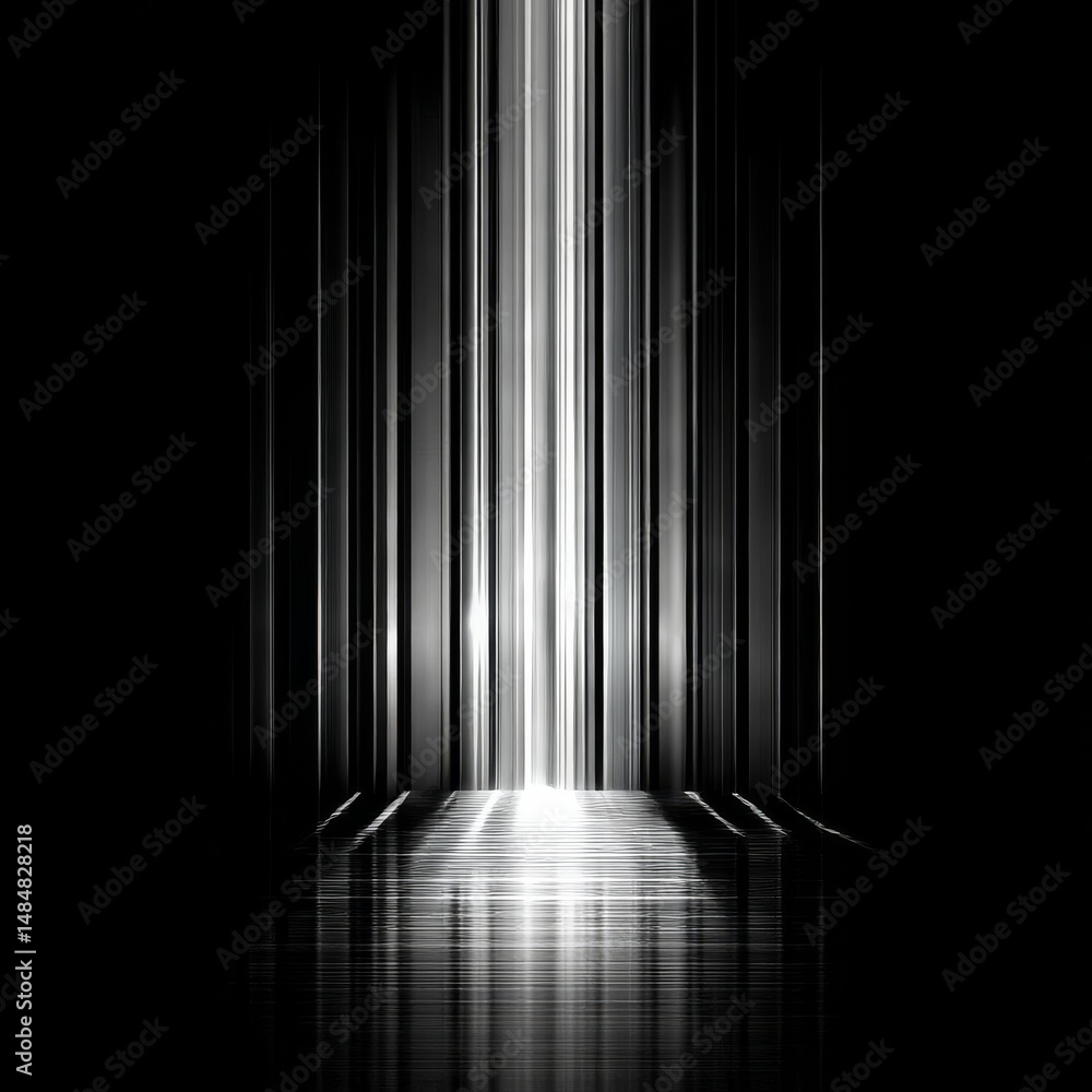 Poster Abstract Illumination: Vertical Light Streaks Emerging from Darkness with Reflective Floor for a Mysterious Atmosphere.