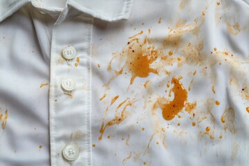 Close up of a white shirt with sauce stains and buttons showing the aftermath of a messy meal