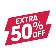 Extra 50 percent off sale promotion label in red and white isolated on white background