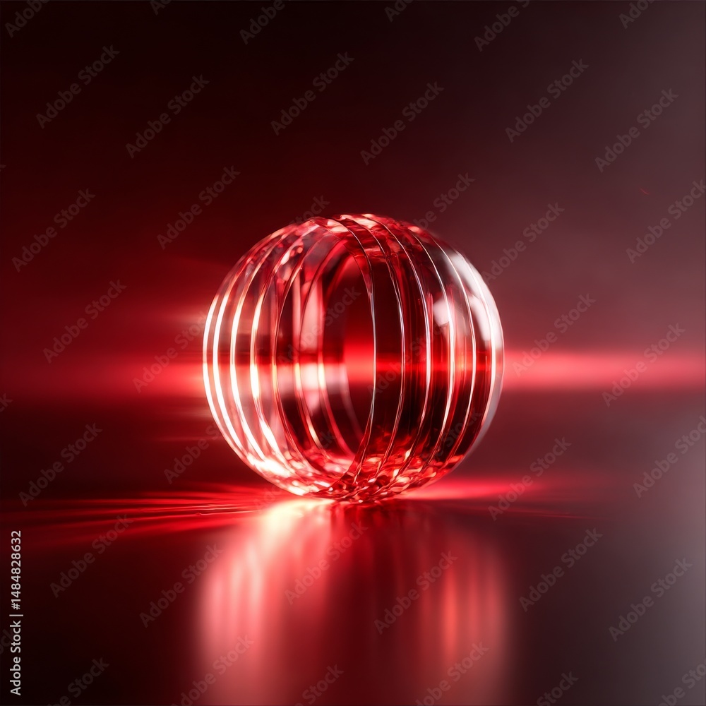 Leinwandbilder abstract red glowing sphere with parallel lines and reflective surface under intense light