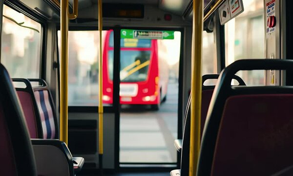 Bus Interior with Red Seats and Yellow Handrails Blurry Double Decker Bus Background on City Street During Daytime