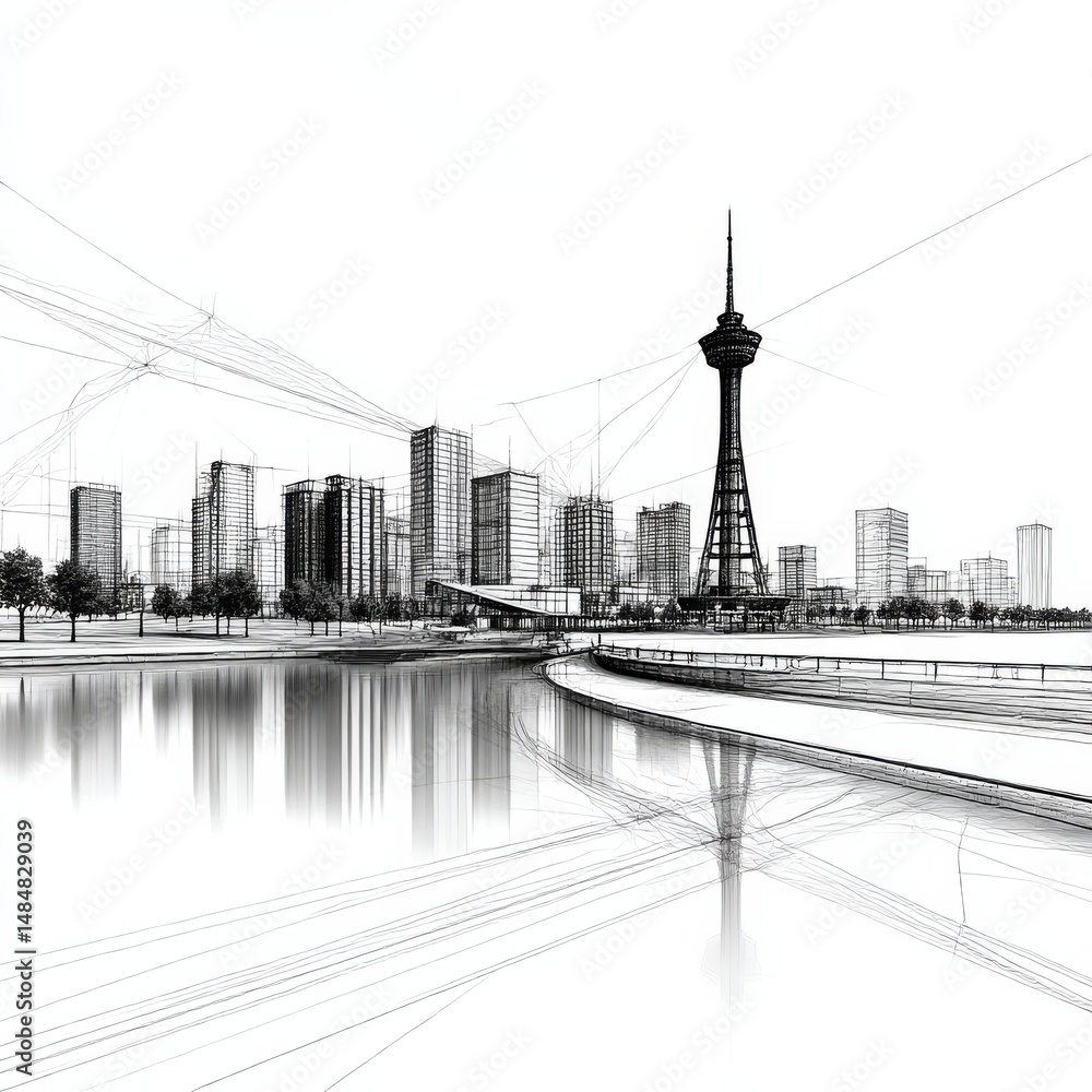 Poster architectural sketch: cityscape reflection with tower overlooking tranquil waters and modern structu