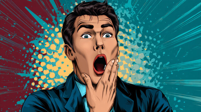 Hyper expressive reaction cartoon wow man face, big eyes and wide open mouth. The man points at something. Pop art retro comic book vector illustration