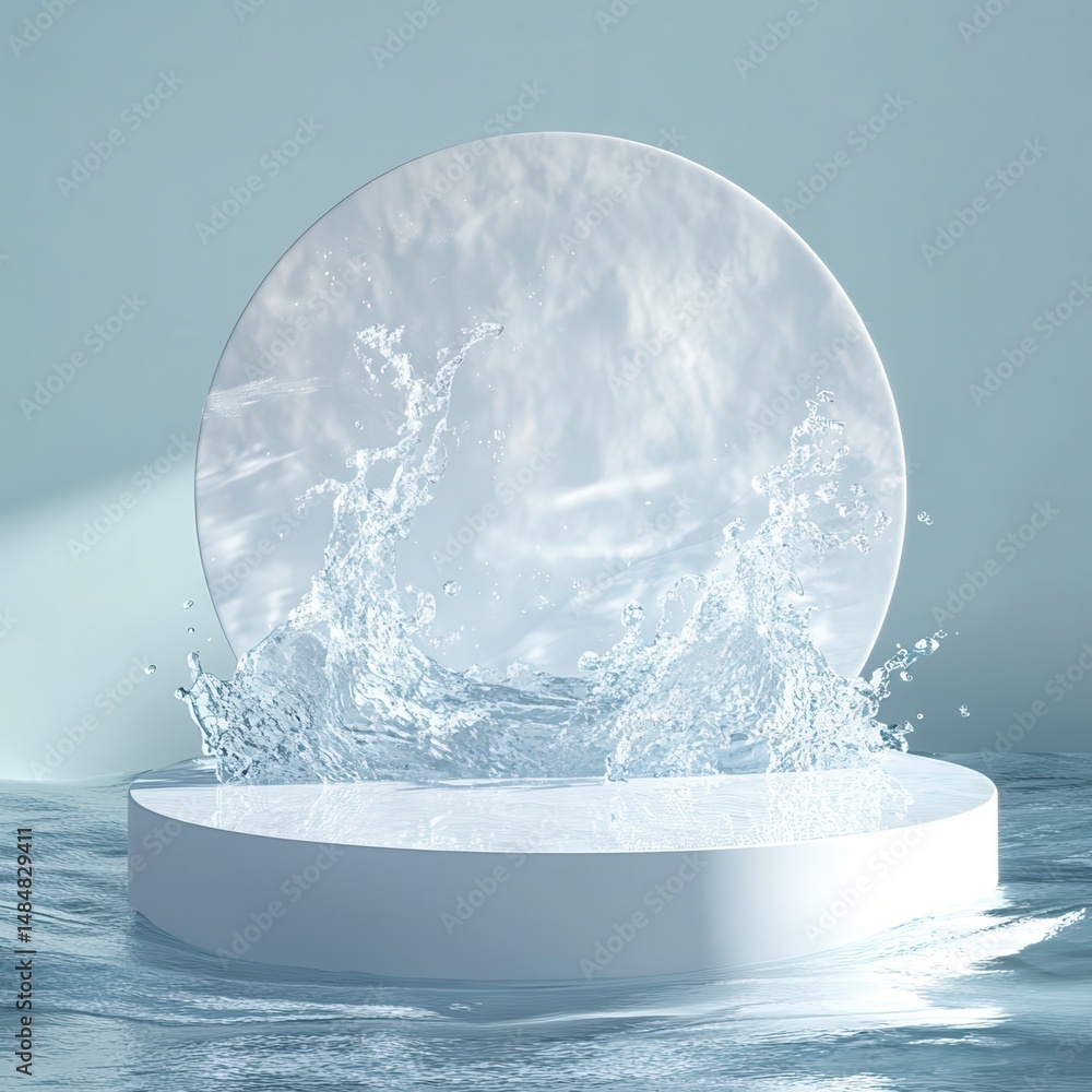 Poster empty white circle podium on transparent clear calm water texture with splashes and waves in sunligh