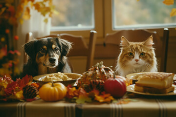 Generative AI image of a fluffy cat and golden retriever sitting at a decorated autumn table, celebrating a festive cozy holiday meal together