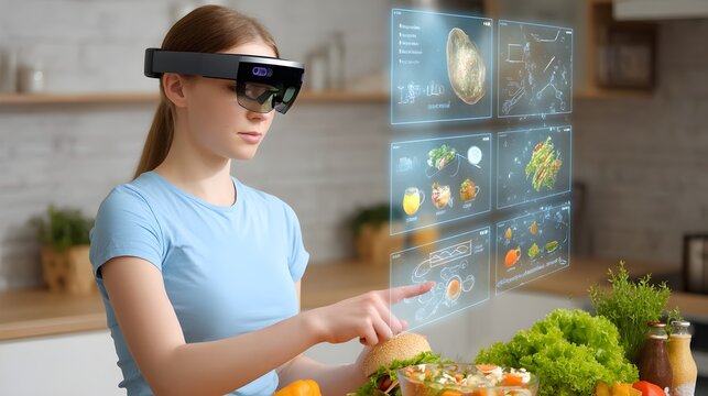 Young woman in modern kitchen wearing AR glasses selects food items while interacting with digital menu displays in a smart cooking environment