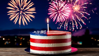 american flag cake with fireworks night sky background independence day celebration concept of patriotic dessert party holiday