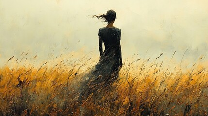 Silver rain falls on a field of bronze grass, copper leaves rustle in the gentle wind, a lone figure stands silhouetted against the grey sky, the scent of wet earth fills the air
