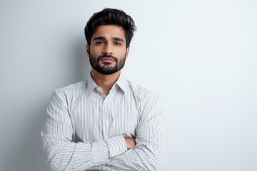 Fototapeta premium Bearded Man in Striped Shirt Studio Shot is a premium-quality stock image ideal for use in lifestyle blogs, health content, promotional campaigns, and editorial publications.