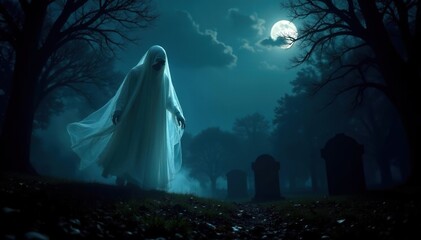 Spooky translucent ghost figure floating in a dark, moonlit graveyard Halloween, autumn, night, horror, supernatural, mystery , specter, mood