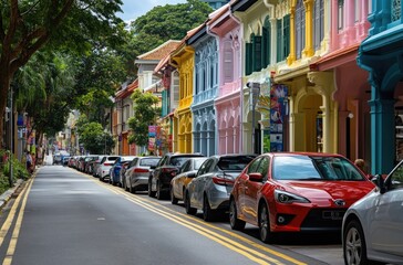 Naklejka premium Colorful street lined with parked cars