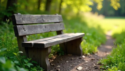 Rustic wooden bench outdoors, weathered wood, natural setting , rustic bench, grey, shadow