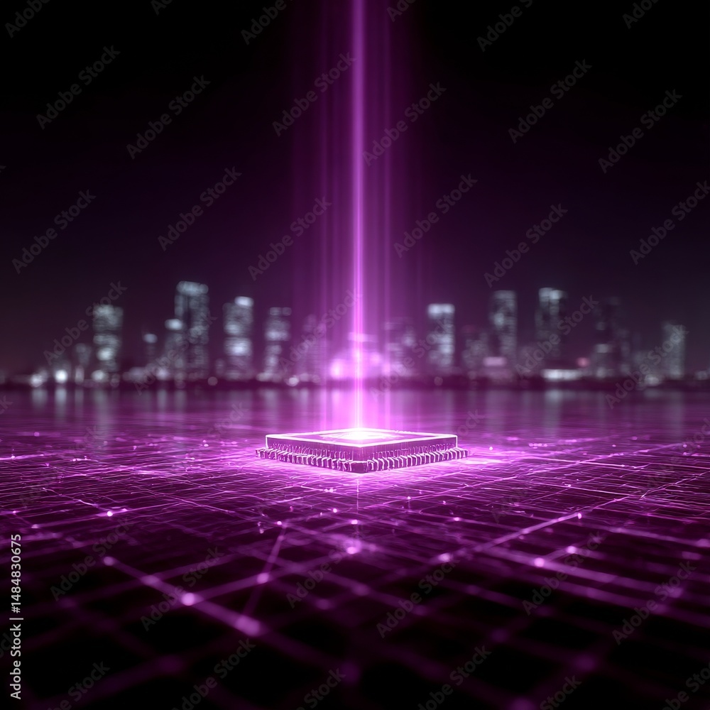 Aufkleber high-tech cpu data transmission network with pink light beam and cityscape background, modern digita