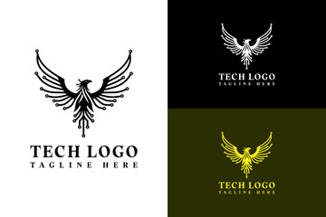 illustration of phoenix rising with circuit web, icon, abstract, vector logo for data transfer, fast data, artificial intelligence, deep learning, cloud computing, database, iot, and more