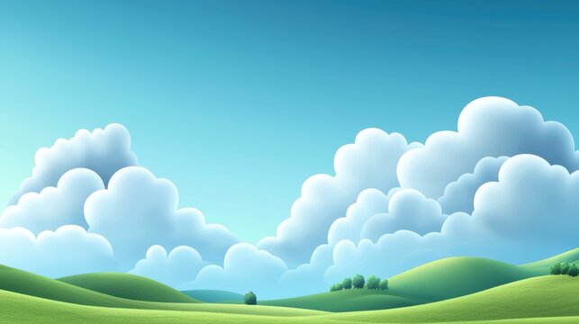 Puffy white clouds decorating a peaceful countryside scene with rolling hills.