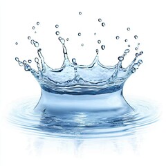A crown-shaped splash of water, cascading into a pool of water.  Clear, light blue liquid