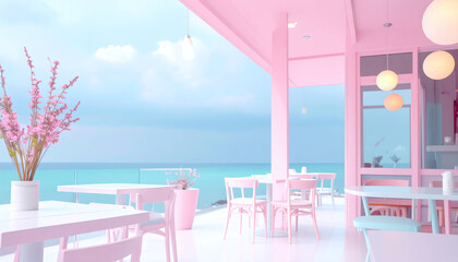 Fototapeta premium A dreamy pastel aesthetic illustration of a cozy café on a cloudy day, featuring soft 