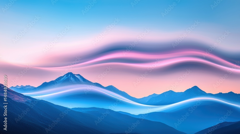 Poster wispy clouds forming a soft mesh above the mountains, creating a layered sky effect.