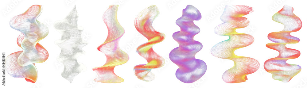 Poster png colorful abstract 3d wave patterns, element set on transparent background