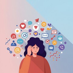 Overwhelmed Woman with Social Media Icons Showing Information Overload Concept Art