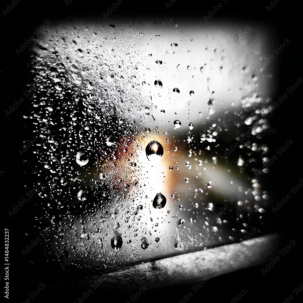 Poster raindrops on glass: a black and white study of reflections and abstraction in a blurry, dark environ