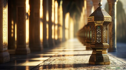 Obraz premium Ornate Lantern in a Majestic Hall with Warm Golden Light
