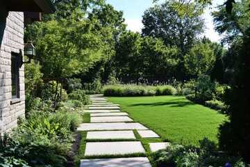 Fototapeta premium Serene Stone Pathway Through Greenery to Lawn Outdoor Tranquility
