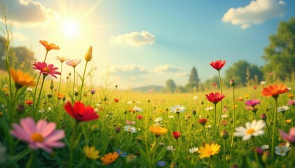 Fototapeta premium Sunlit wildflowers in a lush meadow, vibrant colors, natural beauty , botanical, detail