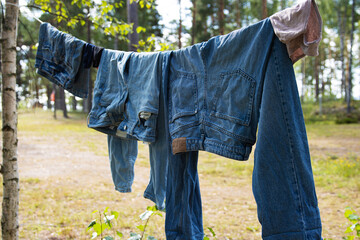 A row of blue denim jeans and skirt hang on a clothesline stretched between trees, while  air drying in a serene forest in Finland.