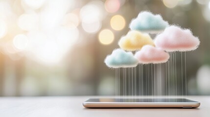 Faint clouds over graphs and tablets, representing tech sector revenue growth.