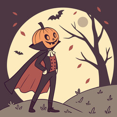 Halloween Pumpkin Head Character Walking in Spooky Forest  Cartoon Witch Costume Vector Illustration.