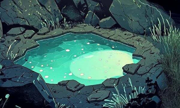 Tranquil hexagonal pool surrounded by rocks and grass in a serene natural setting at dusk