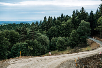 Dirt road under construction winding through a dense forested landscape with mountains in the background. Infrastructure expansion, forest development, land modification, remote access routes.. © irissca