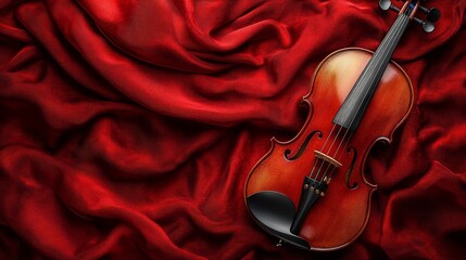 Fototapeta premium Elegant Violin on Red Silk Fabric with Soft and Smooth Texture