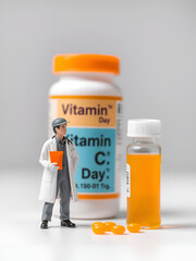 Miniature people : Doctor and worker with Drug pill vitamin c of bottle using for concept of Vitamin C Day.
