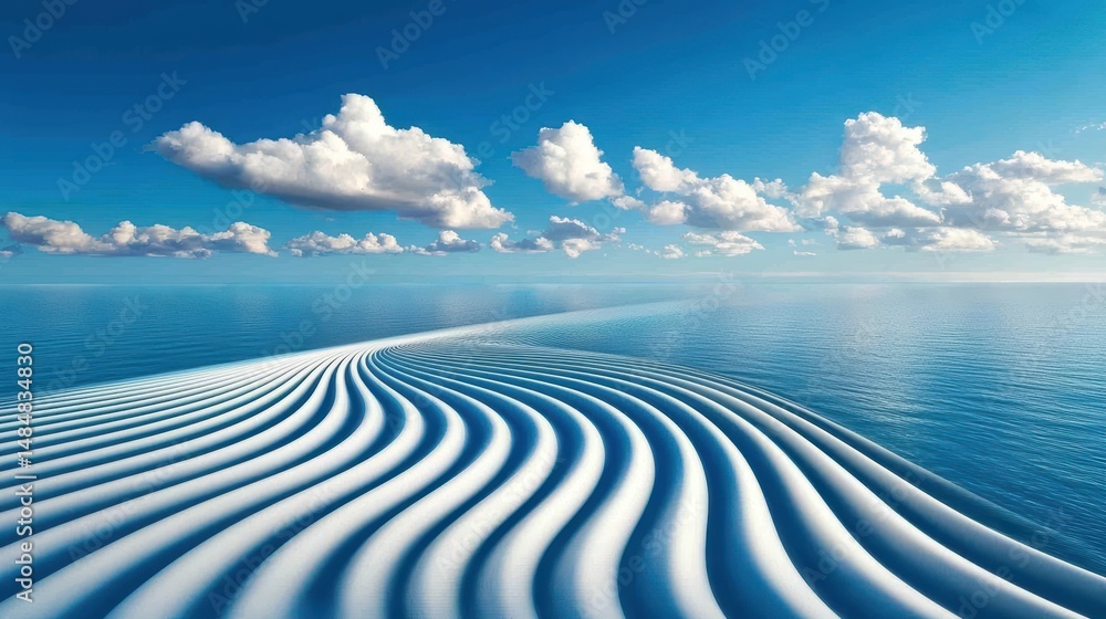 Poster multiple cloud stripes forming a pattern over the ocean, creating visual rhythm.
