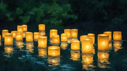 Tranquil Floating Lanterns Illuminating Calm Water at Night