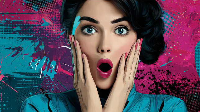 Exclamation point and surprised pop art woman. Pop art retro vector illustration