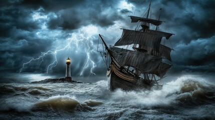 Dramatic scene of a sailing ship navigating a stormy ocean near a lighthouse