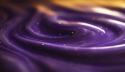 Abstract swirl of deep purple liquid with gold glitter, centered on a small black dot