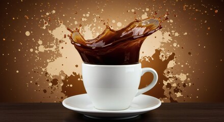 Coffee Splashing Out of a White Cup on Brown Background Image