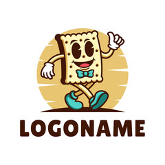 Cartoon character biscuit walking with a thumbs up sign. logo template