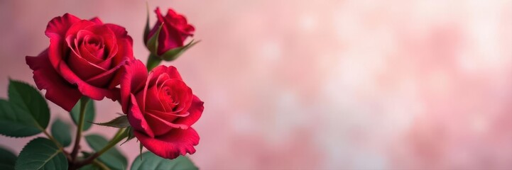 Luscious crimson roses bloom, soft pastel backdrop , isolated, bright