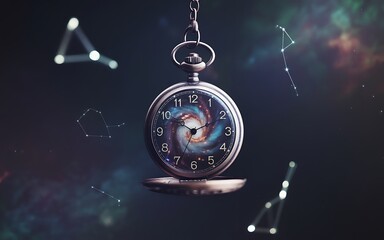 Pocket watch displaying a galaxy on its face surrounded by celestial constellations