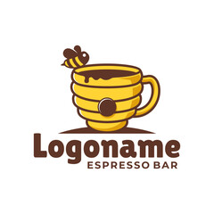 Logo for a coffee shop. The logo features a yellow cup with a bee on it
