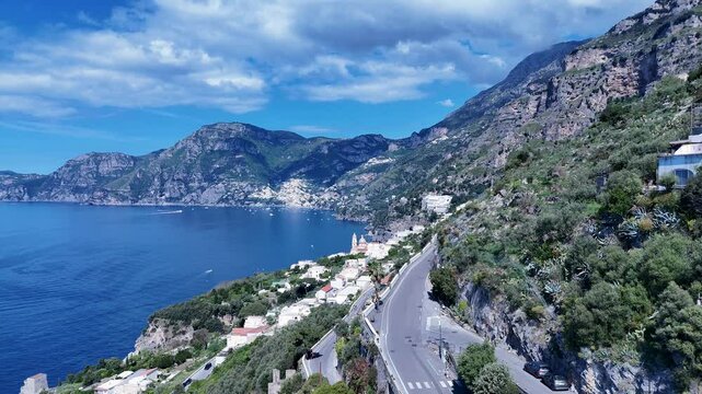 Amalfi Coast At Praiano In Salerno Italy. Beach Landscape. Giant Cliffs Scene. Amalfi Coast At Praiano In Salerno Italy. Medieval City Skyline. Gulf Of Salerno Mediterranean Sea. Beach Skyline.