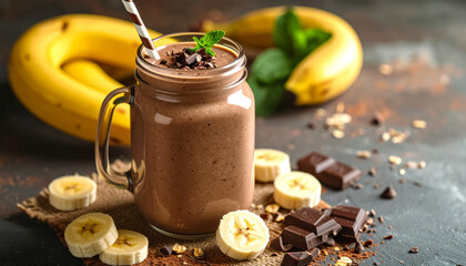 Chocolate banana smoothie in a mason jar
