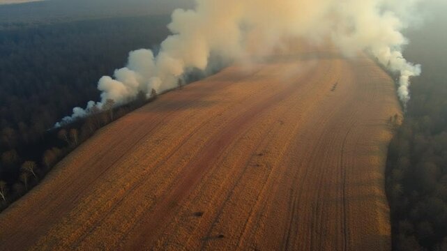 Devastating aerial view of burning field with dry grass, smoke filling the air