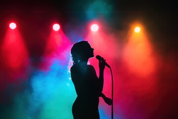 Obraz premium Female singer performs in silhouette under bright lights