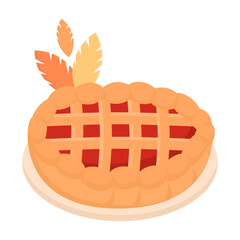 Apple Pie Illustration with Autumn Leaves. Thanksgiving Dessert Icon